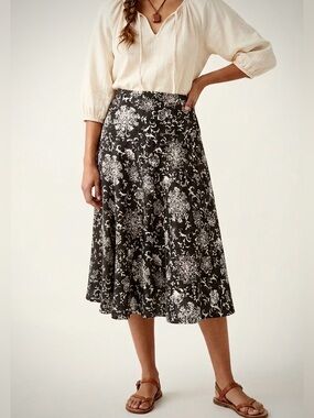 GAP 100% Linen Floral Midi Skirt Black/Off-White Size 4R